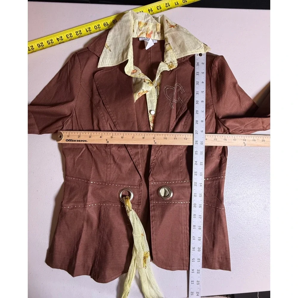 West 36 Brown Cotton Blazer Jacket Floral Collar Rhinestone Heart Size M J104